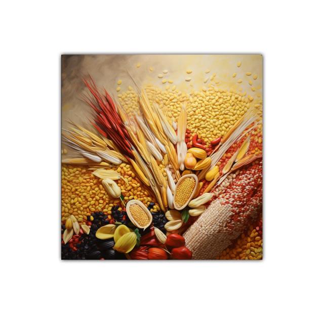 Cuadro decorativo con granos y mazorcas de maíz colorido