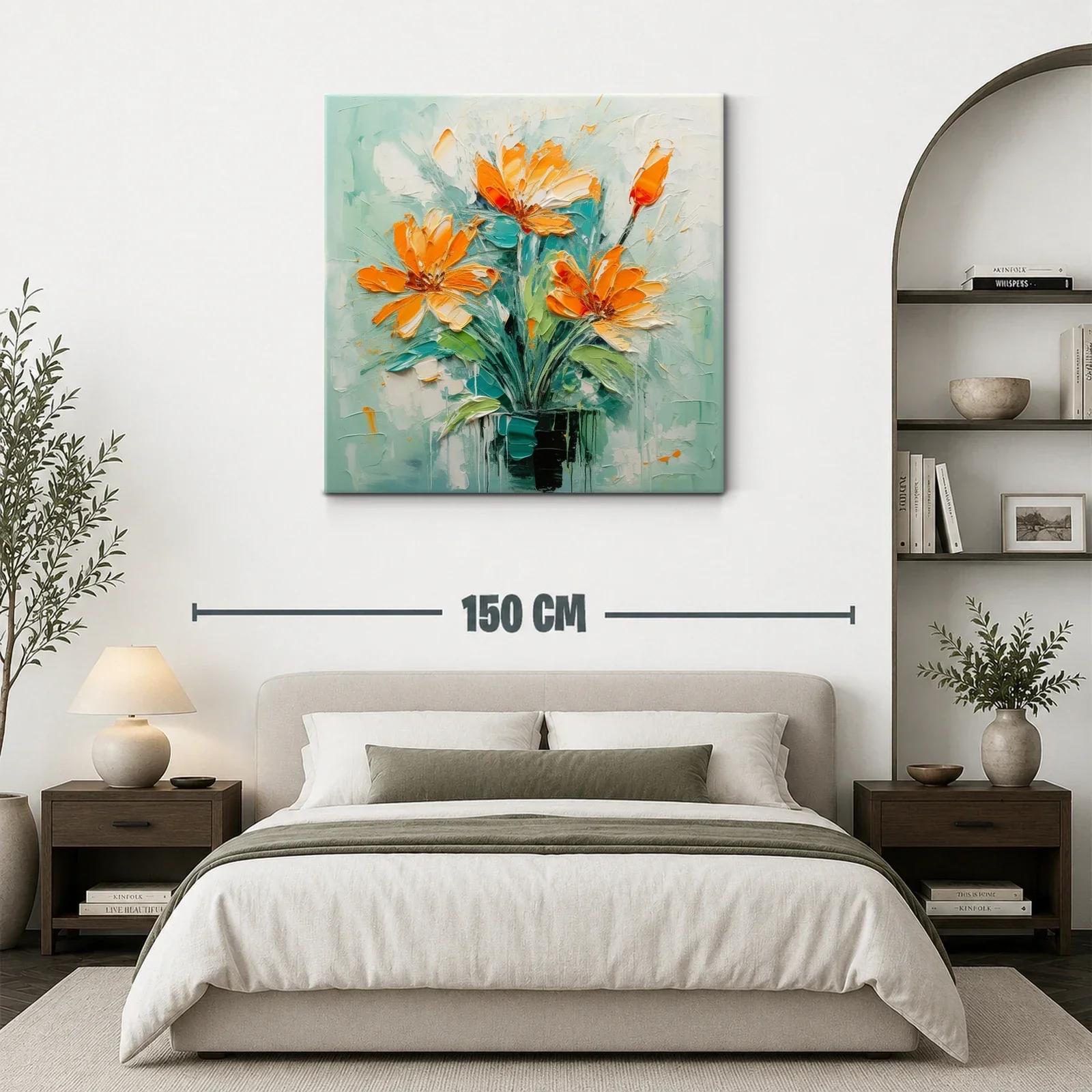 Cuadro floral vibrante con tonos naranjas y verdes — miniatura 3