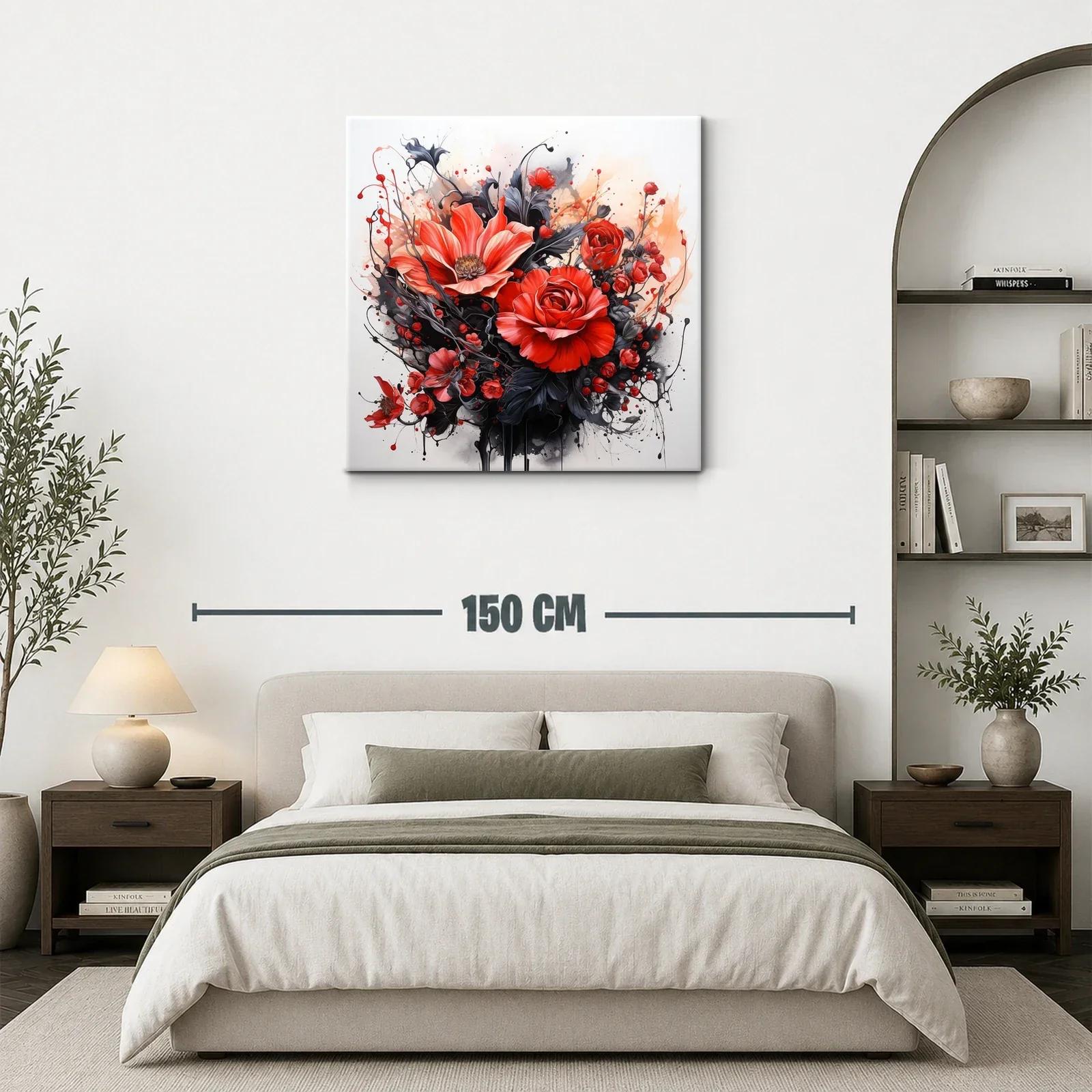 Cuadro floral en rojo y negro con detalles vibrantes — miniatura 3