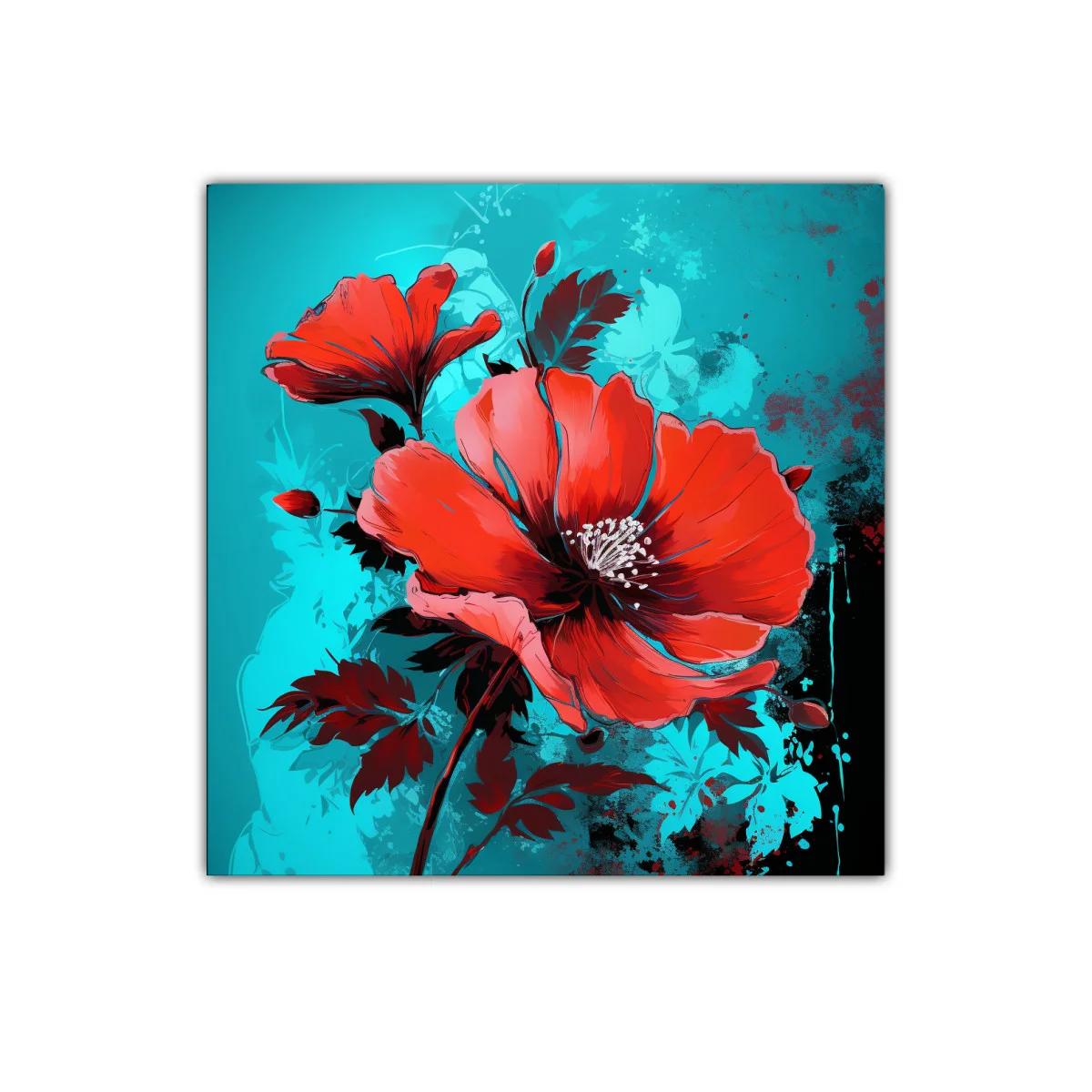 Impacto floral rojo sobre fondo azul vibrante