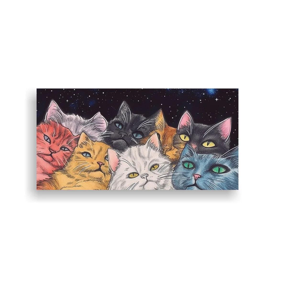 Cuadro grupo de gatos de colores con cielo estrellado
