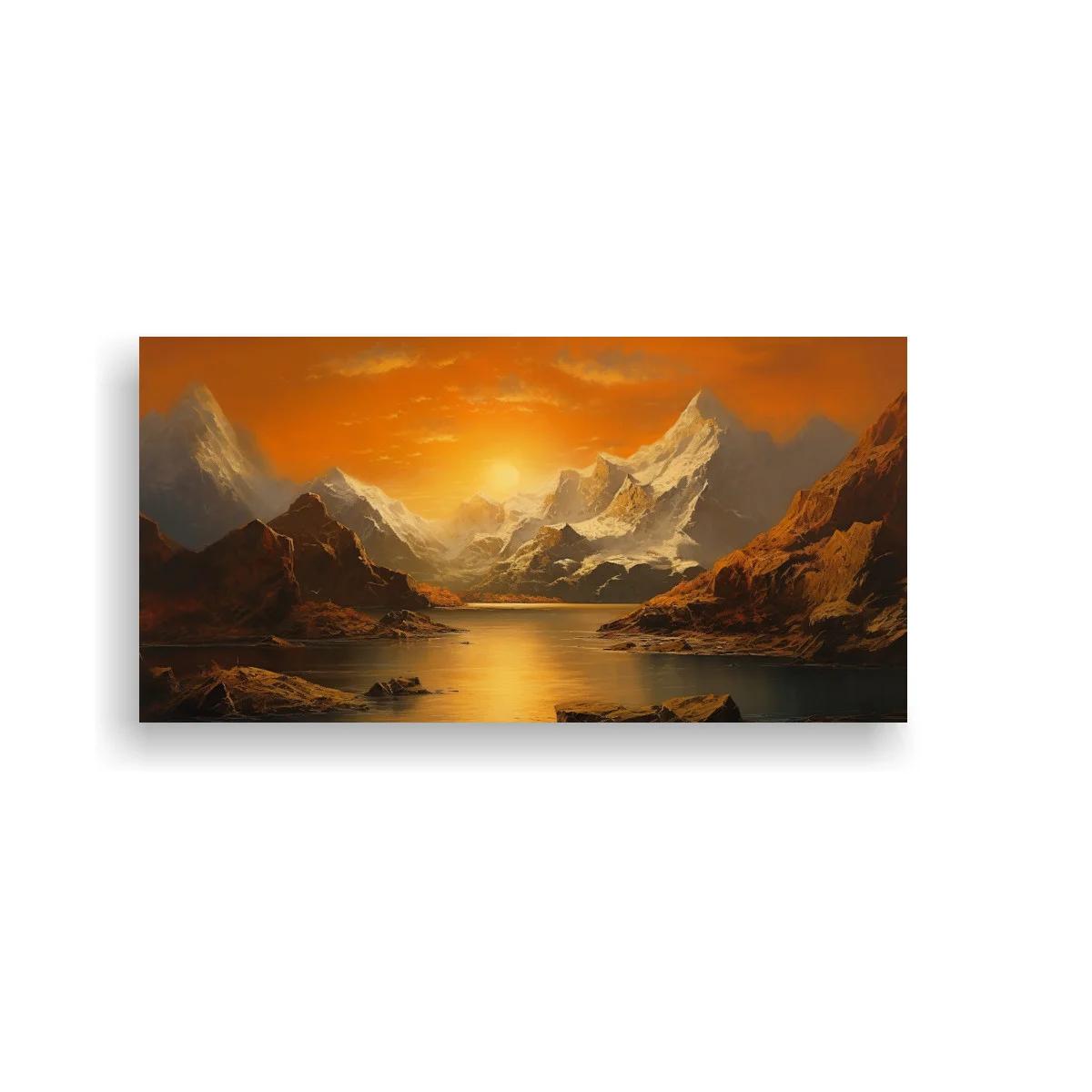 Cuadro paisaje de montañas nevadas con lago y sol bajo — imagen principal
