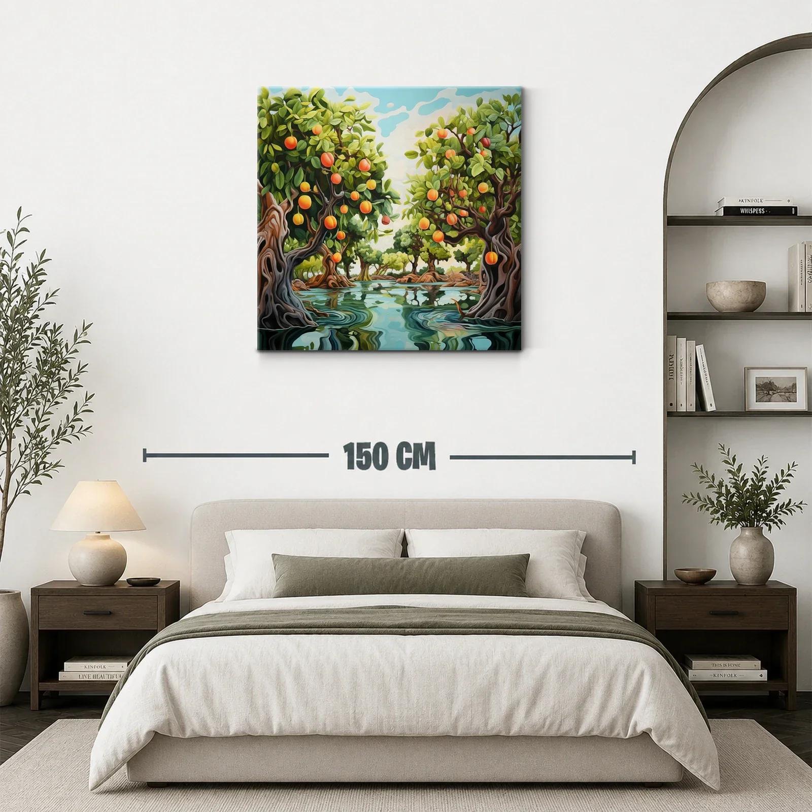 Cuadro de paisaje con árboles frutales y agua serena — miniatura 3