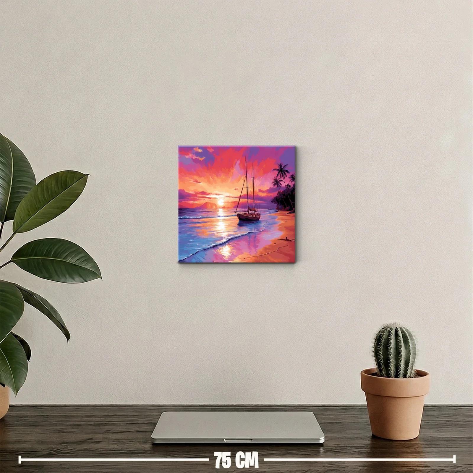 Atardecer vibrante con velero y palmeras en la playa — miniatura 2