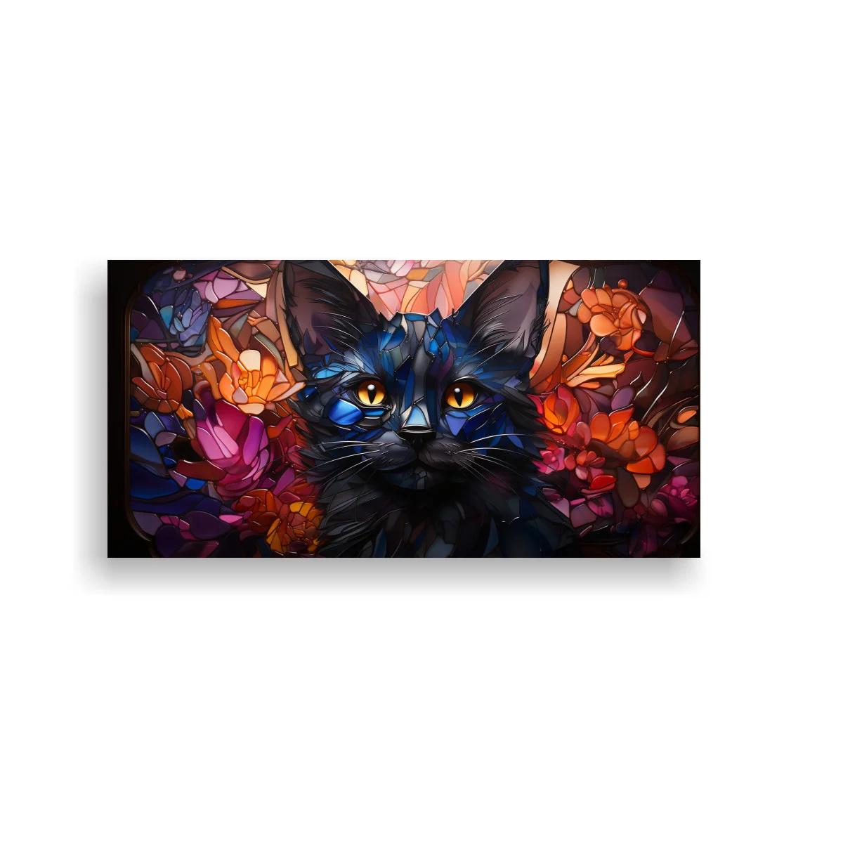 Cuadro gato negro de ojos azules con flores y follaje