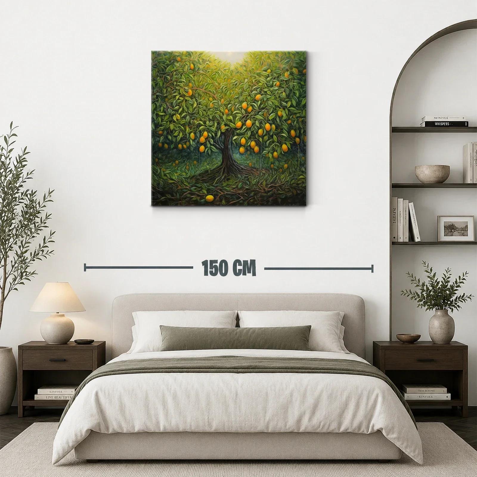 Cuadro árbol frutal con tonos verdes y naranjas vibrantes — miniatura 3