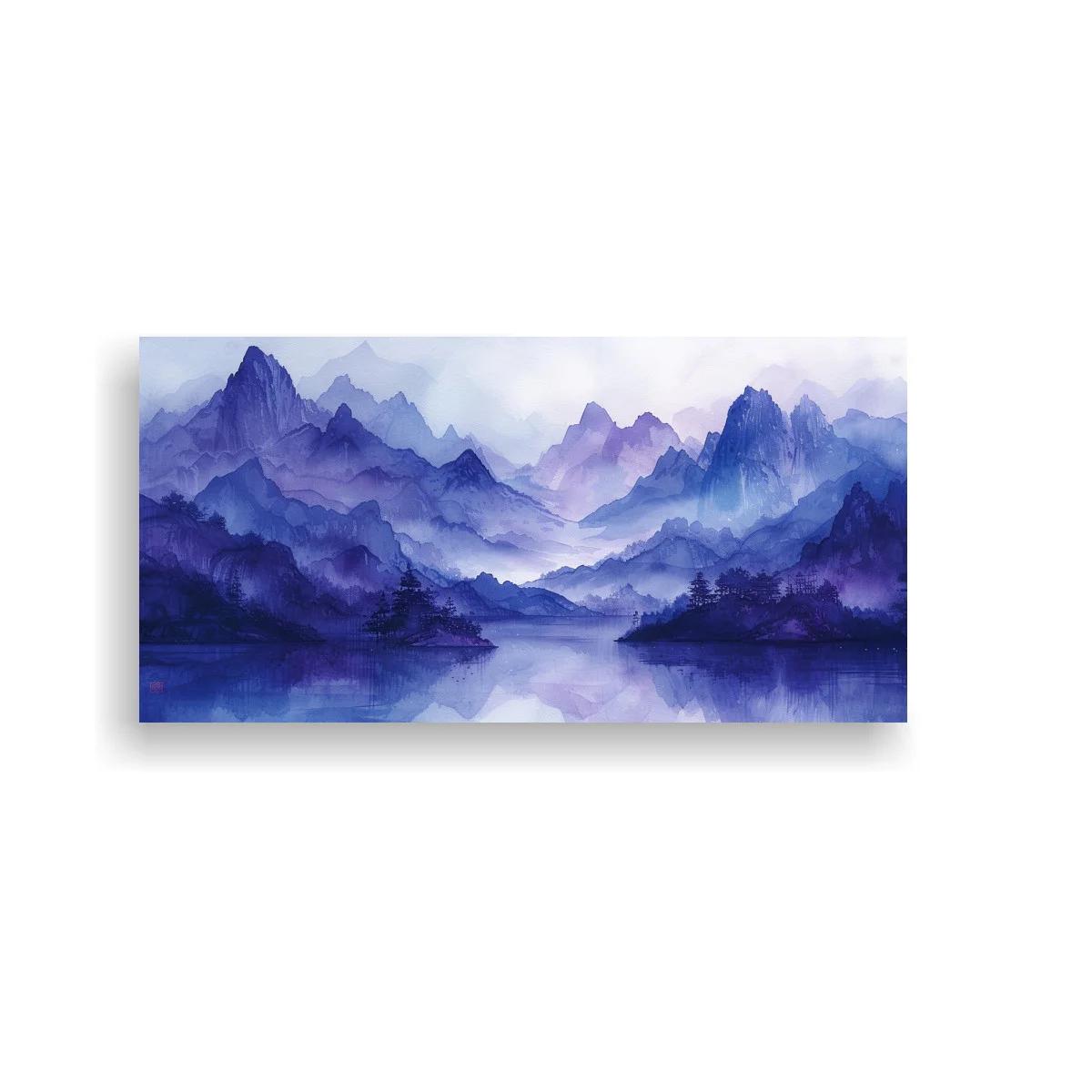 Cuadro cordillera de montañas sobre un lago con reflejo brumoso — imagen principal