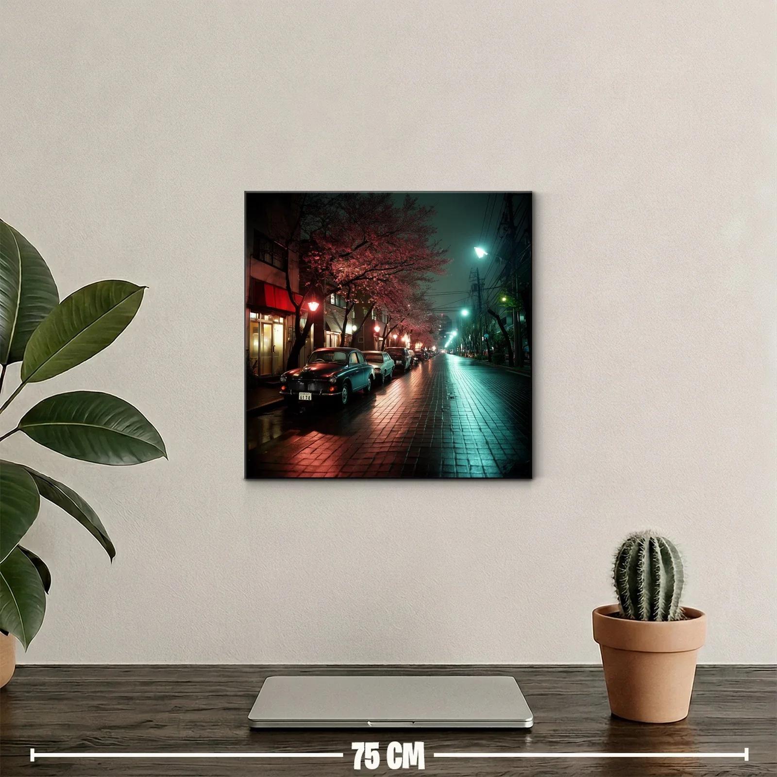 Calle nocturna con árboles rosados y coches clásicos — miniatura 2