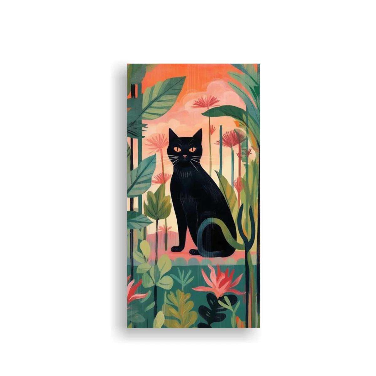 Cuadro gato negro entre hojas grandes y flores rosadas — imagen principal