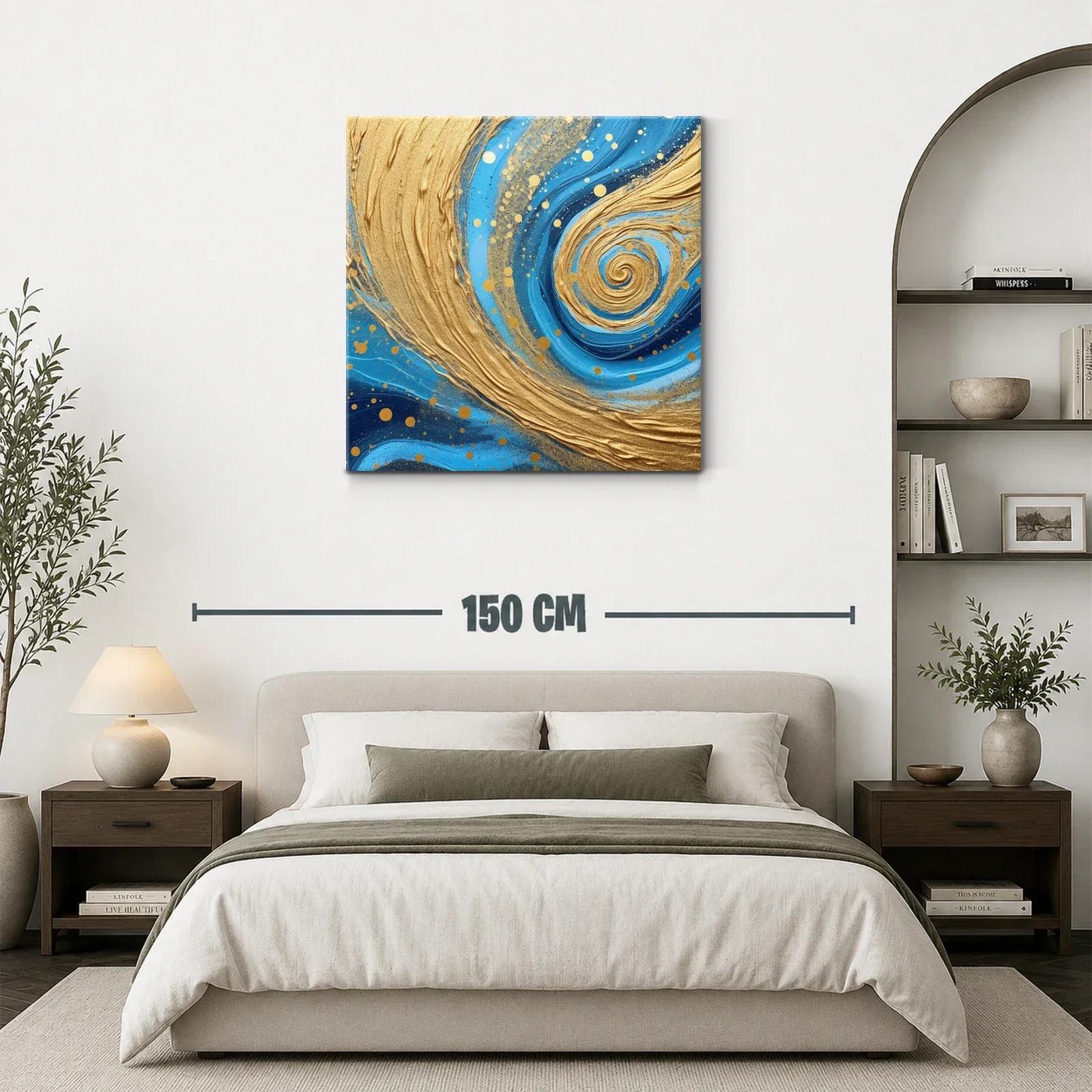 Cuadro abstracto con remolinos dorados y tonos azules — miniatura 3