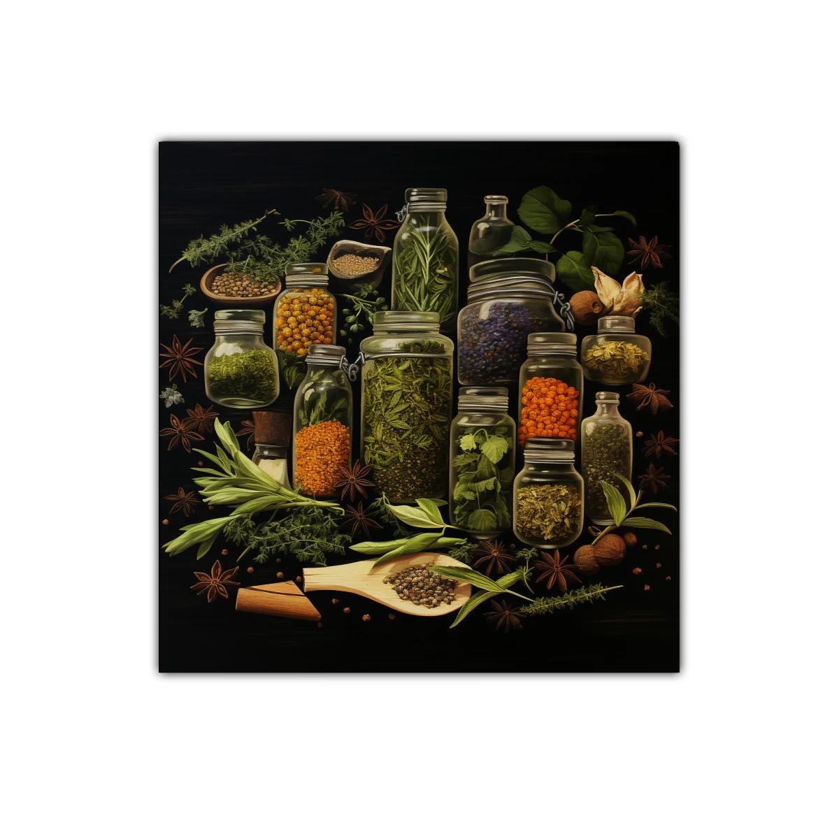 Cuadro decorativo con frascos de hierbas y especias naturales