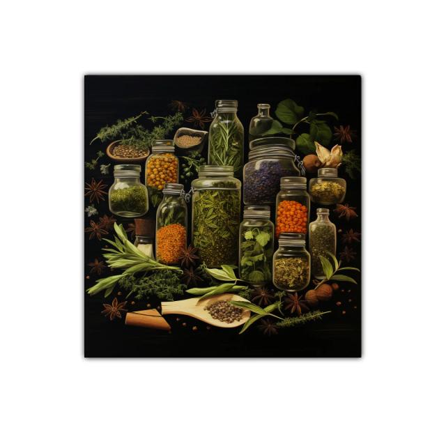 Cuadro decorativo con frascos de hierbas y especias naturales