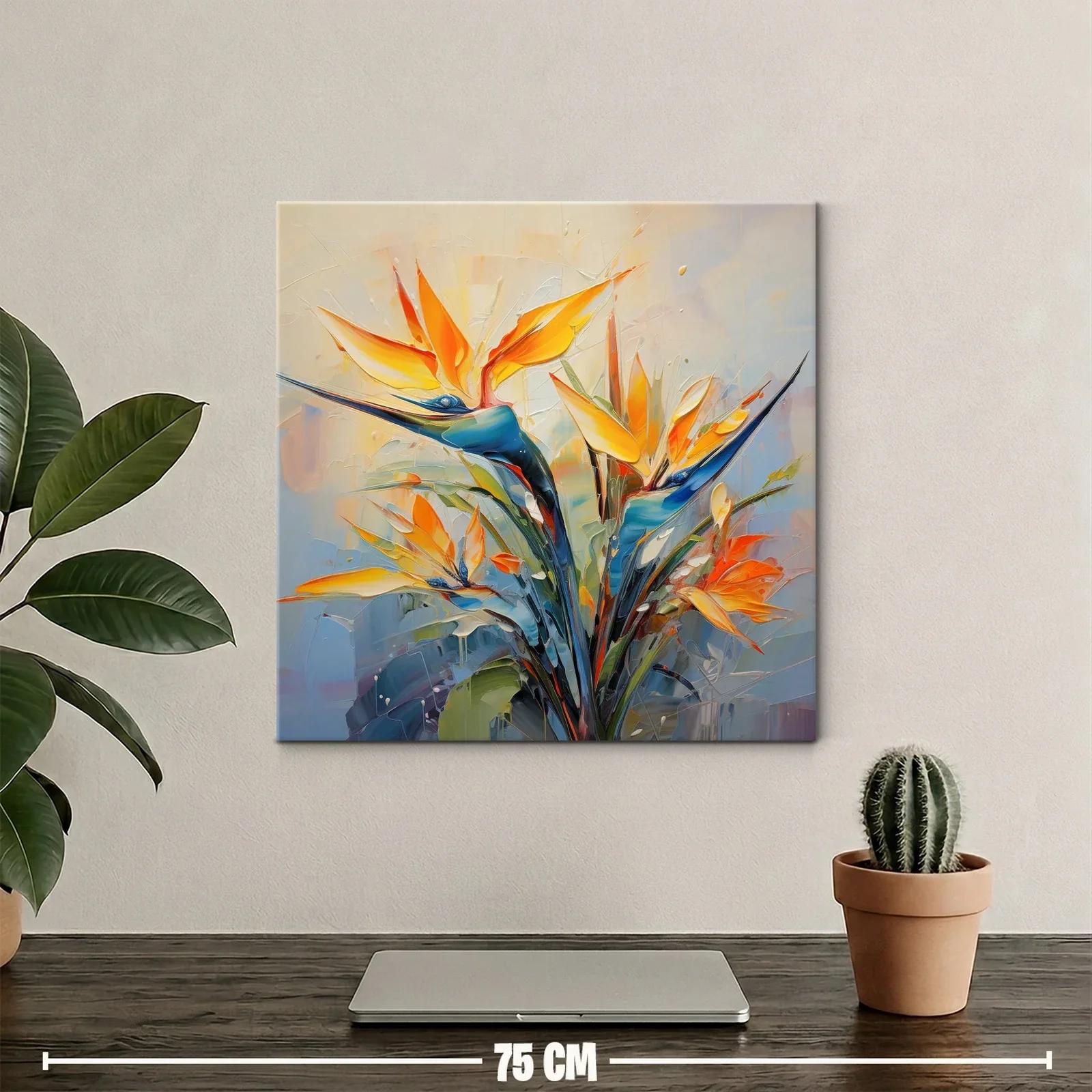 Cuadro vibrante con flores exóticas en tonos cálidos y azulados — miniatura 2