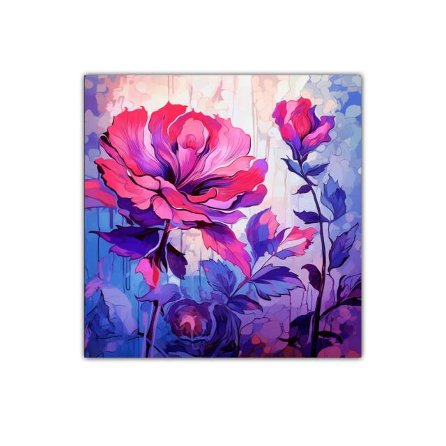 Cuadro decorativo con flores en tonos rosa y azul vibrantes