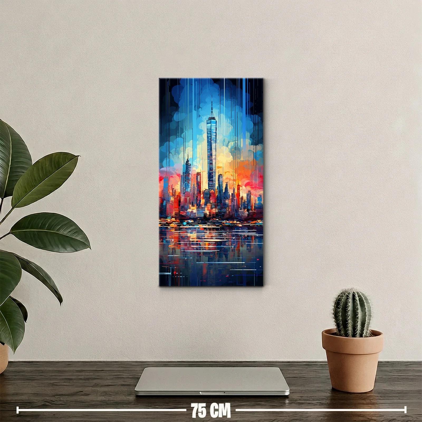 Cuadro skyline urbano con torre esbelta y cielo naranja — miniatura 2