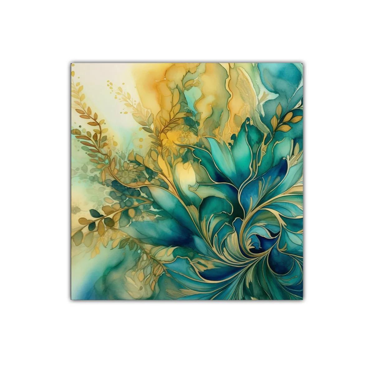 Cuadro decorativo con diseño floral en tonos verdes y dorados — imagen principal