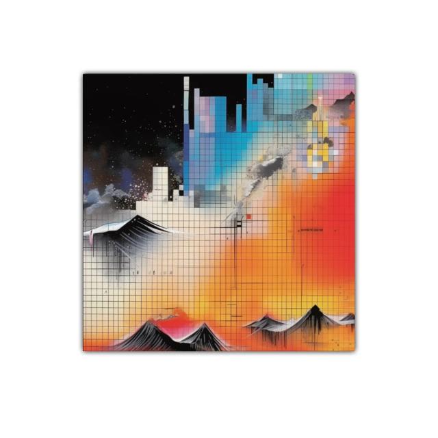 Composición geométrica con montañas y cielo estrellado