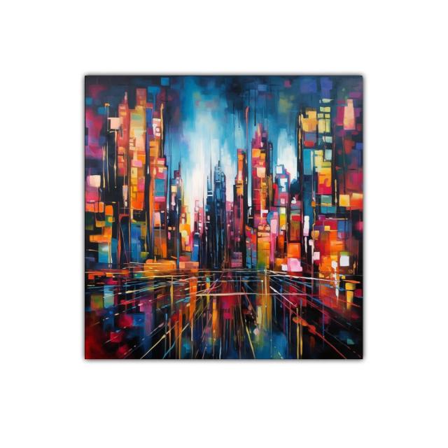 Cuadro abstracto de ciudad vibrante con luces y reflejos