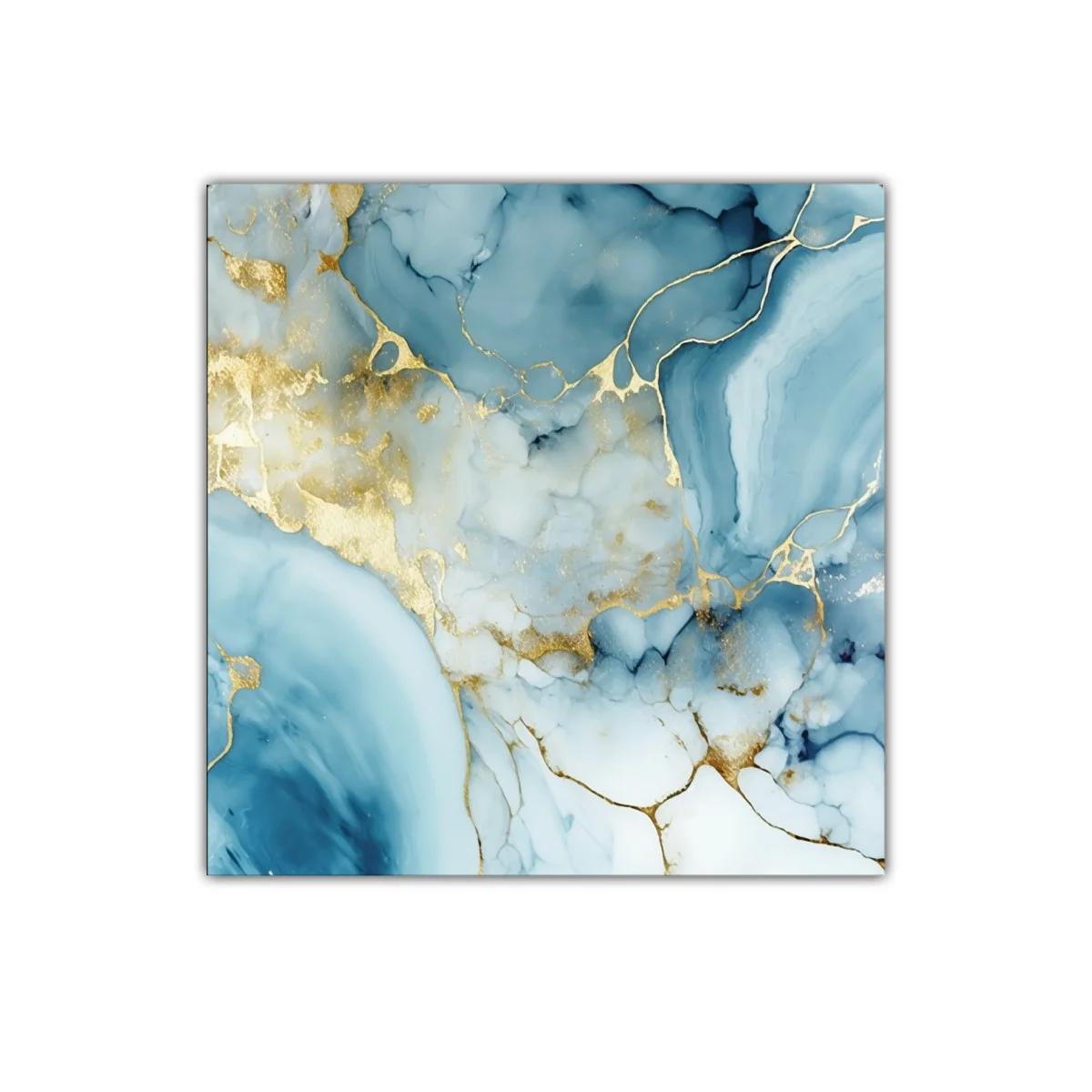 Cuadro abstracto con tonos azules y detalles dorados elegantes