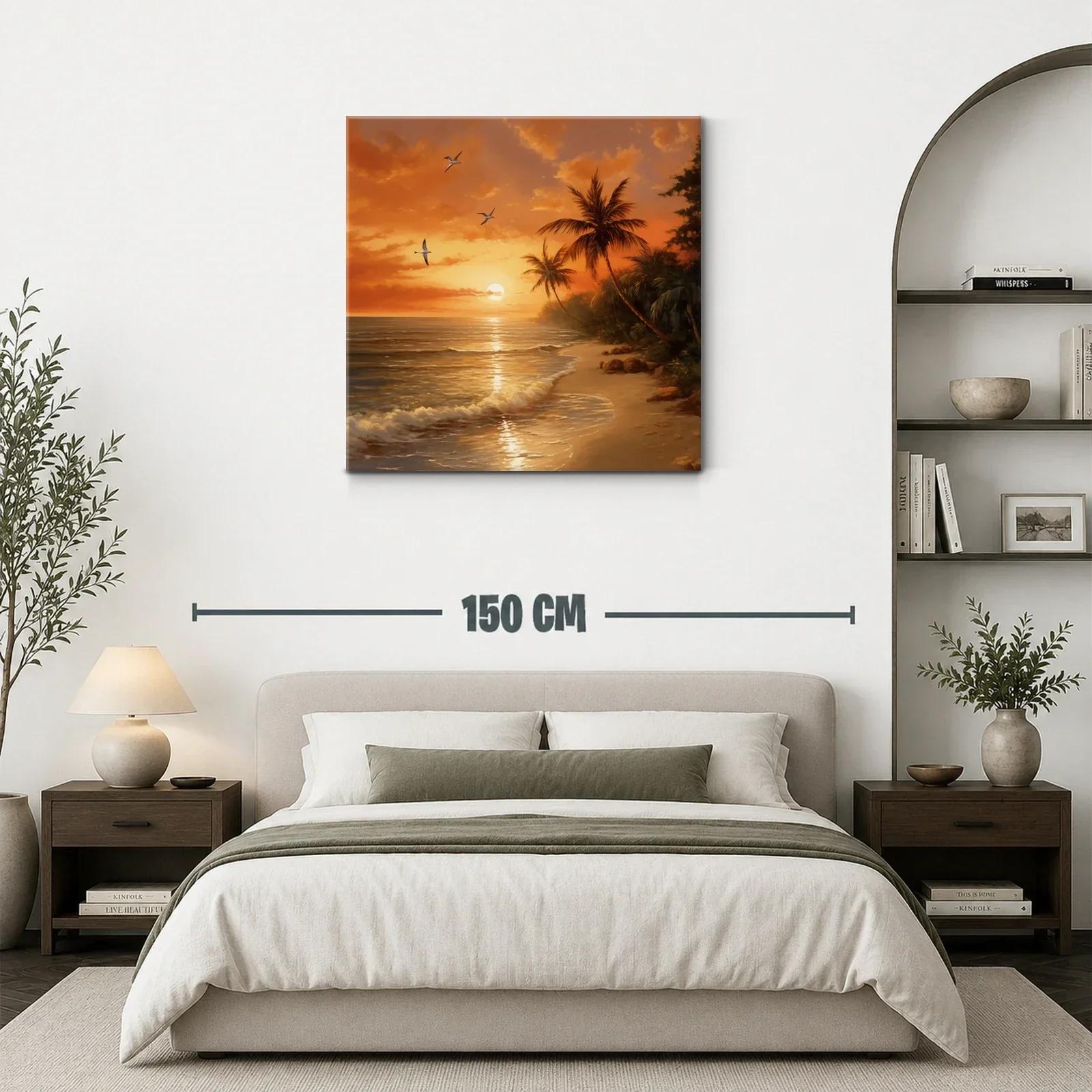 Atardecer tropical con palmeras y vuelo de aves sobre la playa — miniatura 3