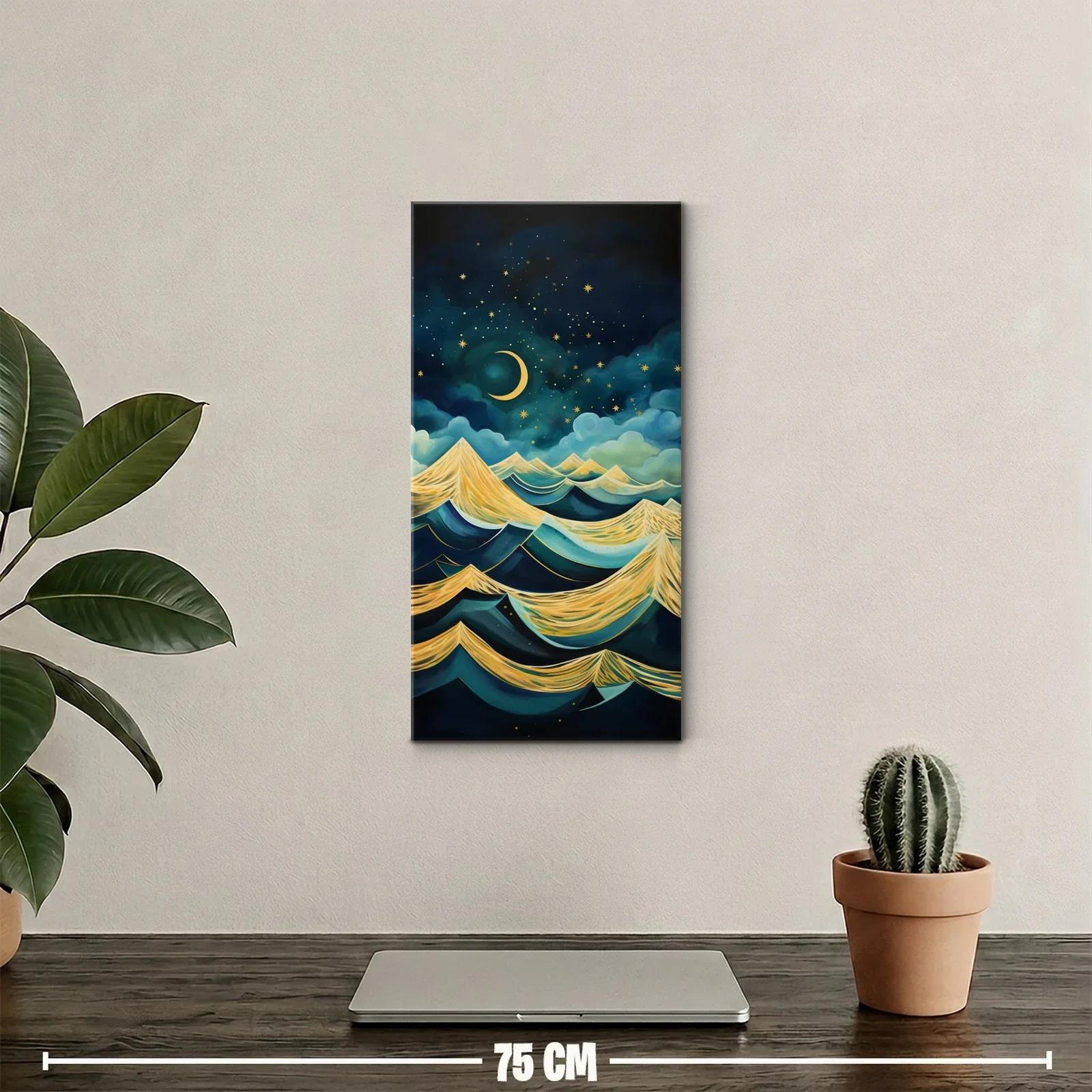 Cuadro paisaje nocturno de olas con luna creciente y estrellas — miniatura 2