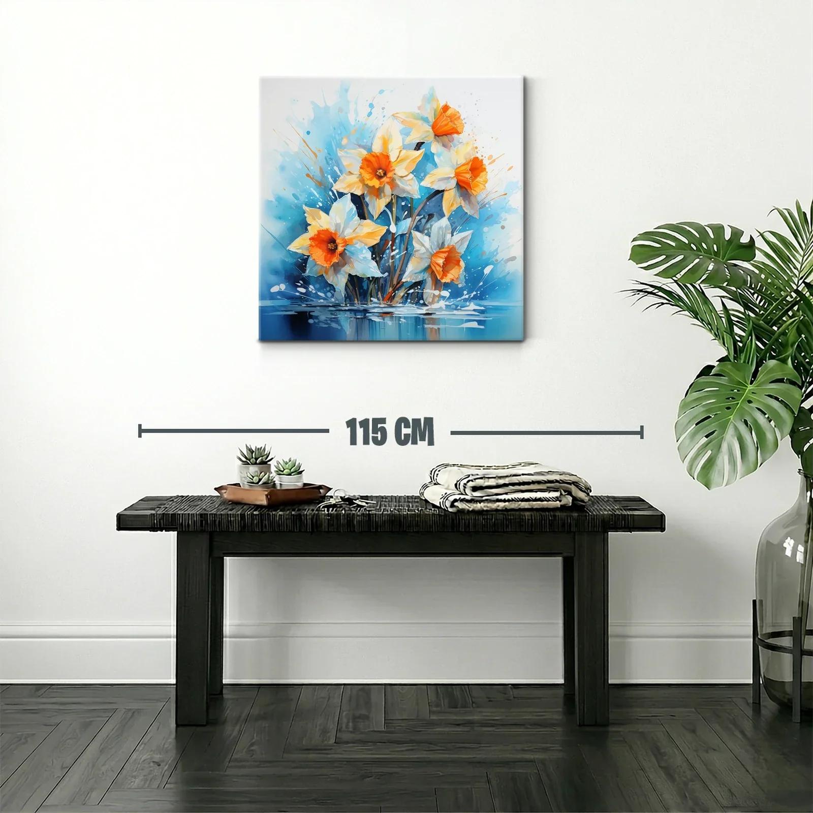 Cuadro floral vibrante con narcisos anaranjados y fondo azul — miniatura 2