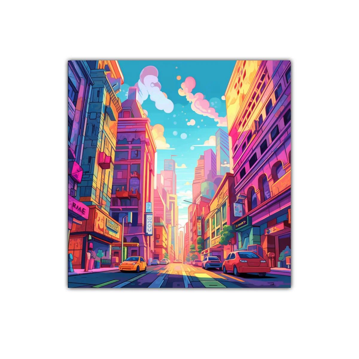 Atardecer vibrante en ciudad llena de color y vida