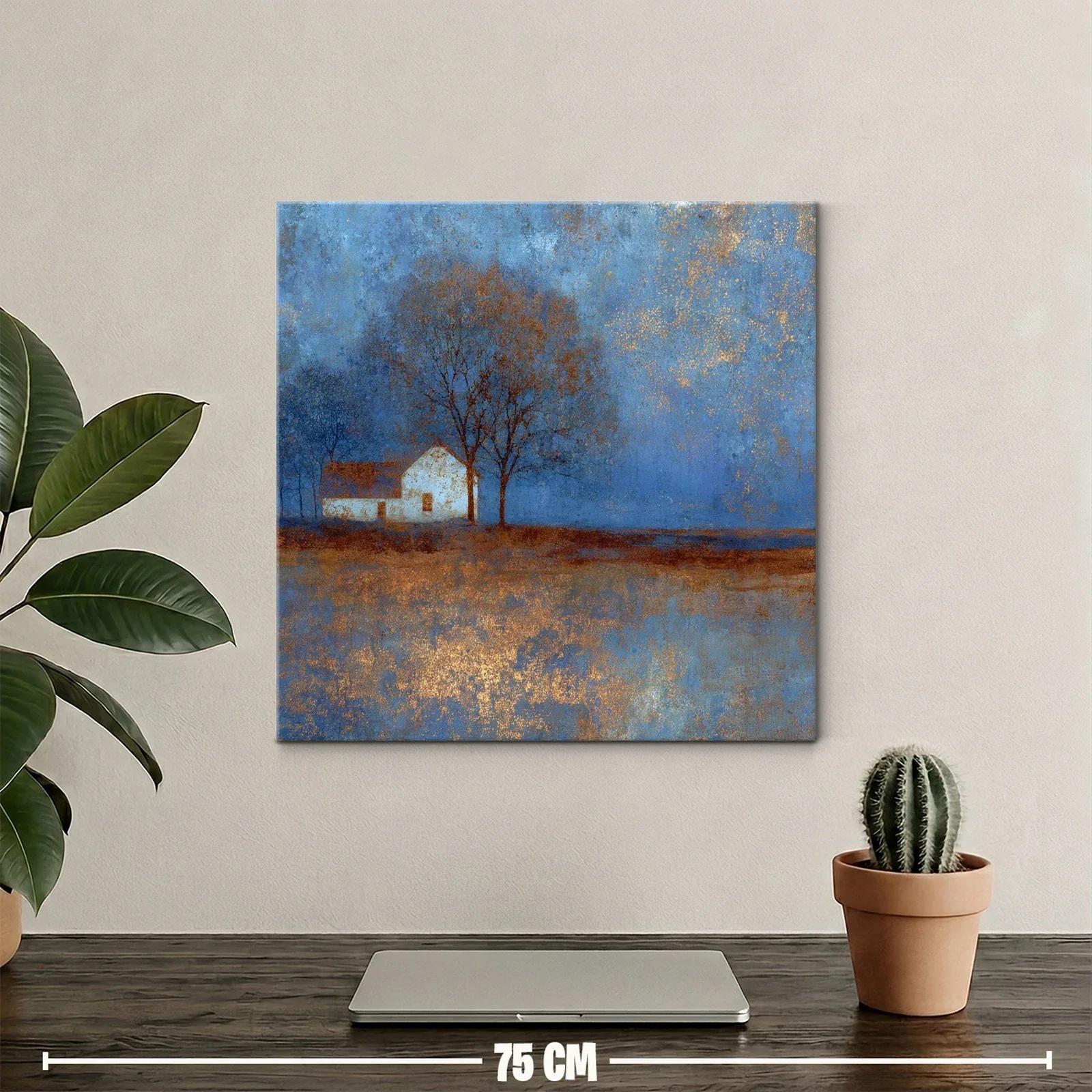 Paisaje sereno con casa y árboles en tonos azules y dorados — miniatura 2