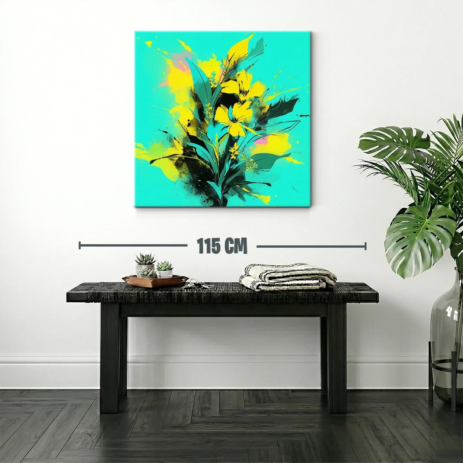 Cuadro moderno con flores amarillas vibrantes y fondo turquesa — miniatura 2