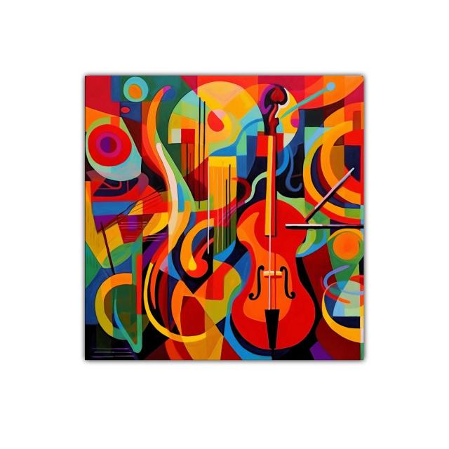 Composición vibrante con instrumentos musicales y formas geométricas