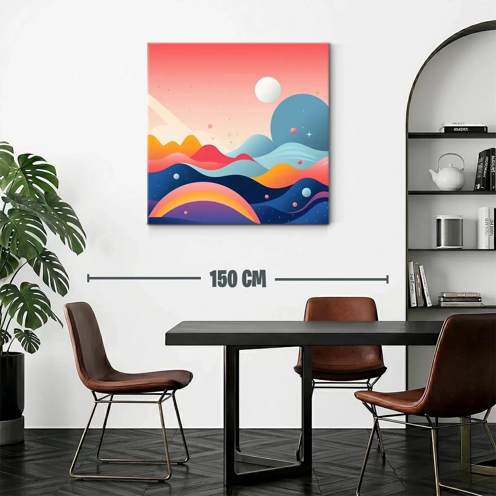 Cuadro abstracto con montañas y planetas en tonos vibrantes — miniatura 2