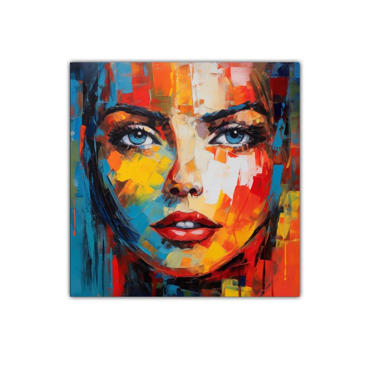 Rostro vibrante con expresivos ojos azules y colores intensos — imagen principal