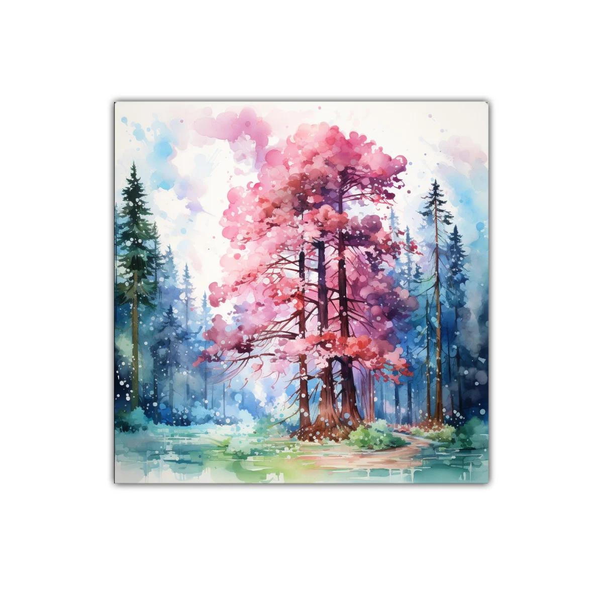 Bosque encantado con árboles en tonos rosas y azules