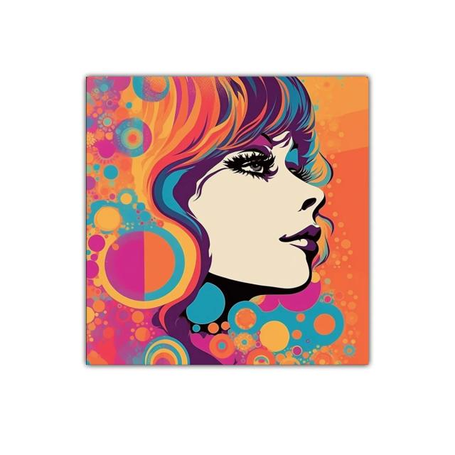 Retrato femenino vintage con vibrantes colores psicodélicos