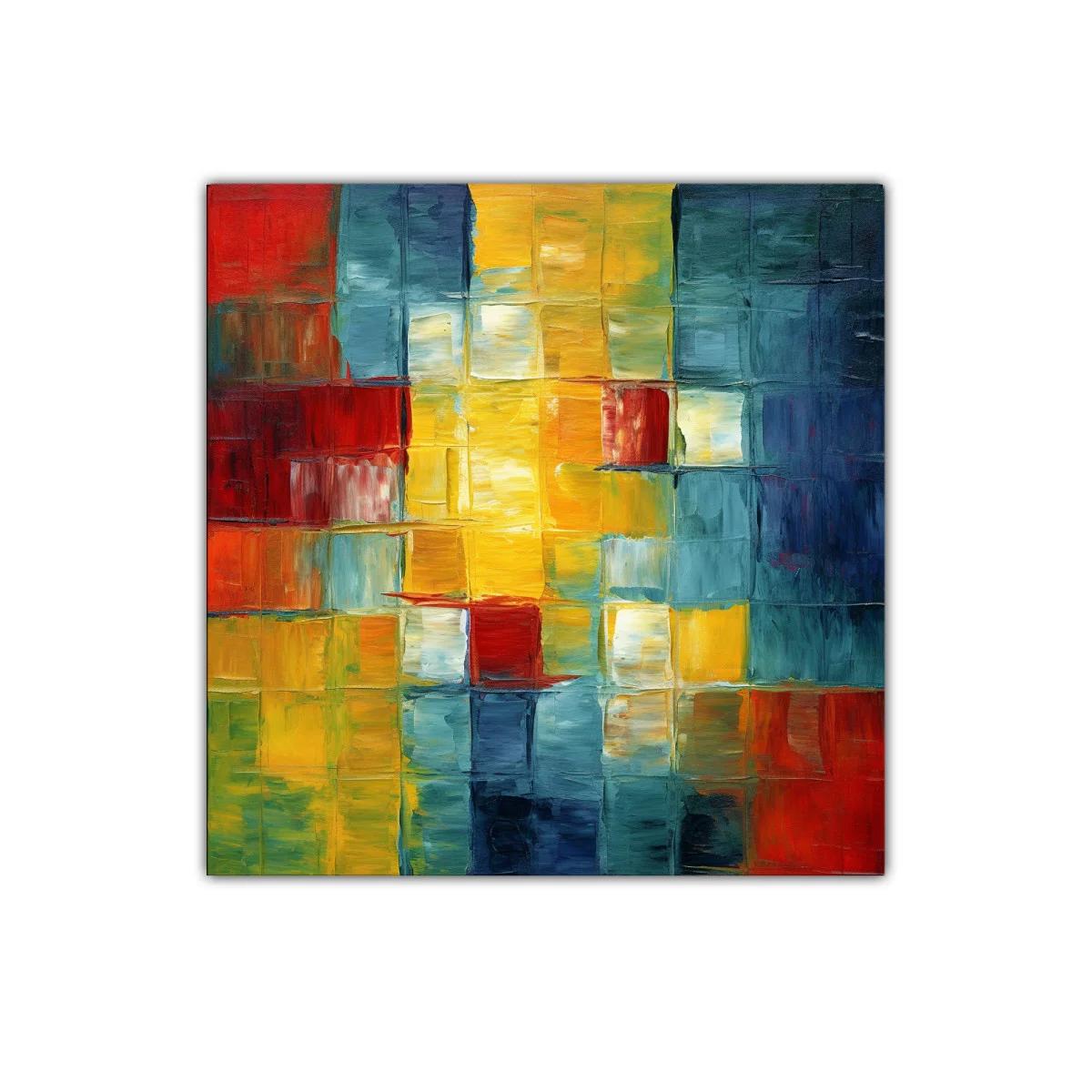 Cuadro abstracto con bloques de color vibrantes y contrastes