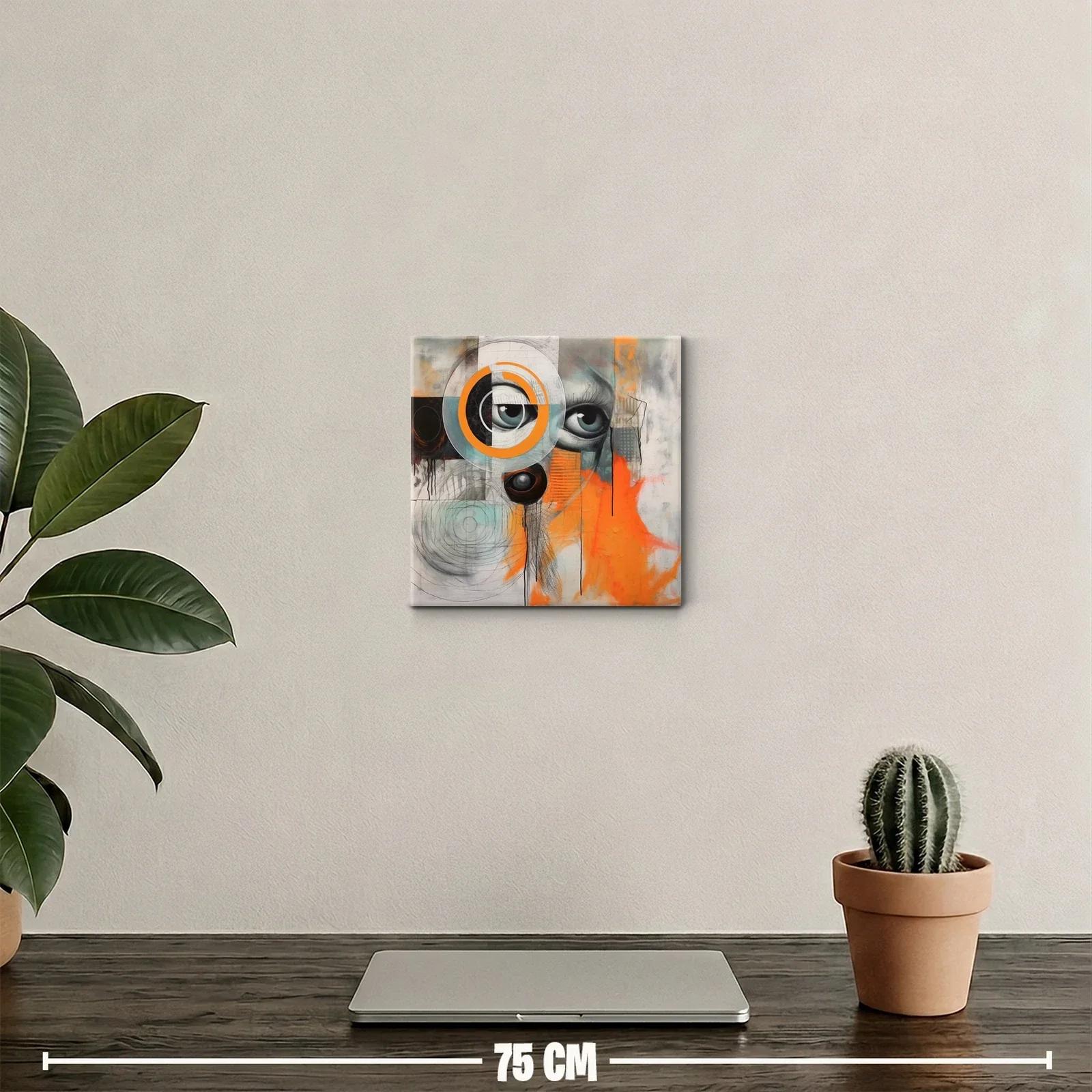 Cuadro abstracto con ojos y detalles geométricos en tonos vibrantes — miniatura 2