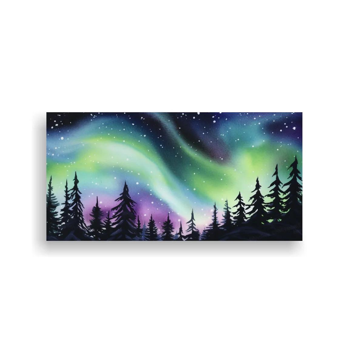 Cuadro aurora boreal sobre bosque en silueta