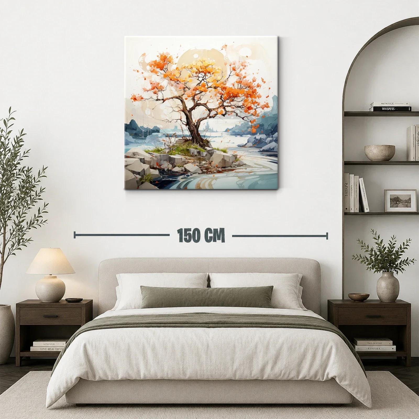 Árbol otoñal vibrante en paisaje sereno de río y rocas — miniatura 3