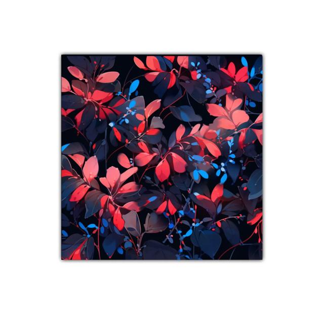 Cuadro decorativo con hojas en tonos rojos y azules intensos