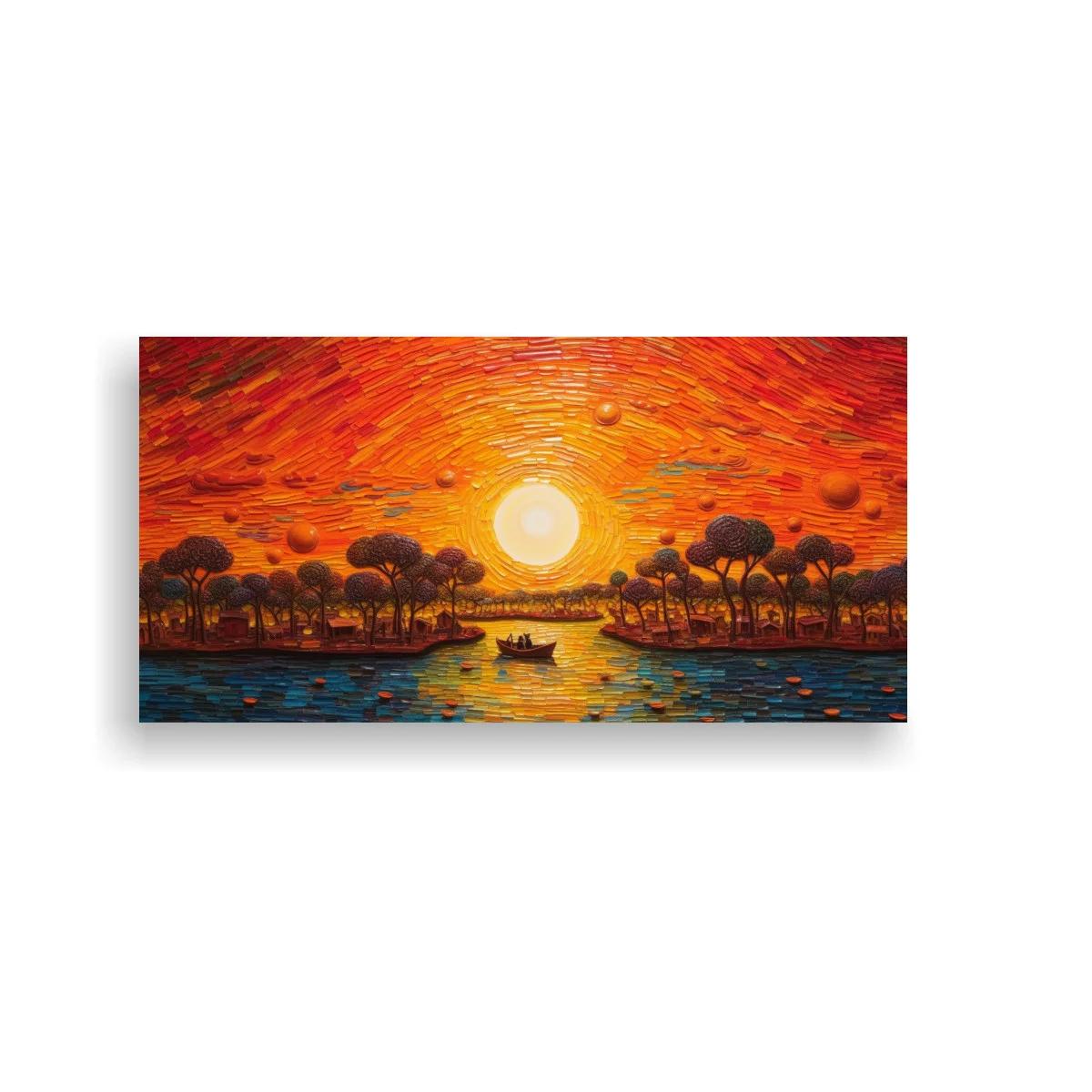 Cuadro atardecer sobre un lago con gran sol brillante — imagen principal
