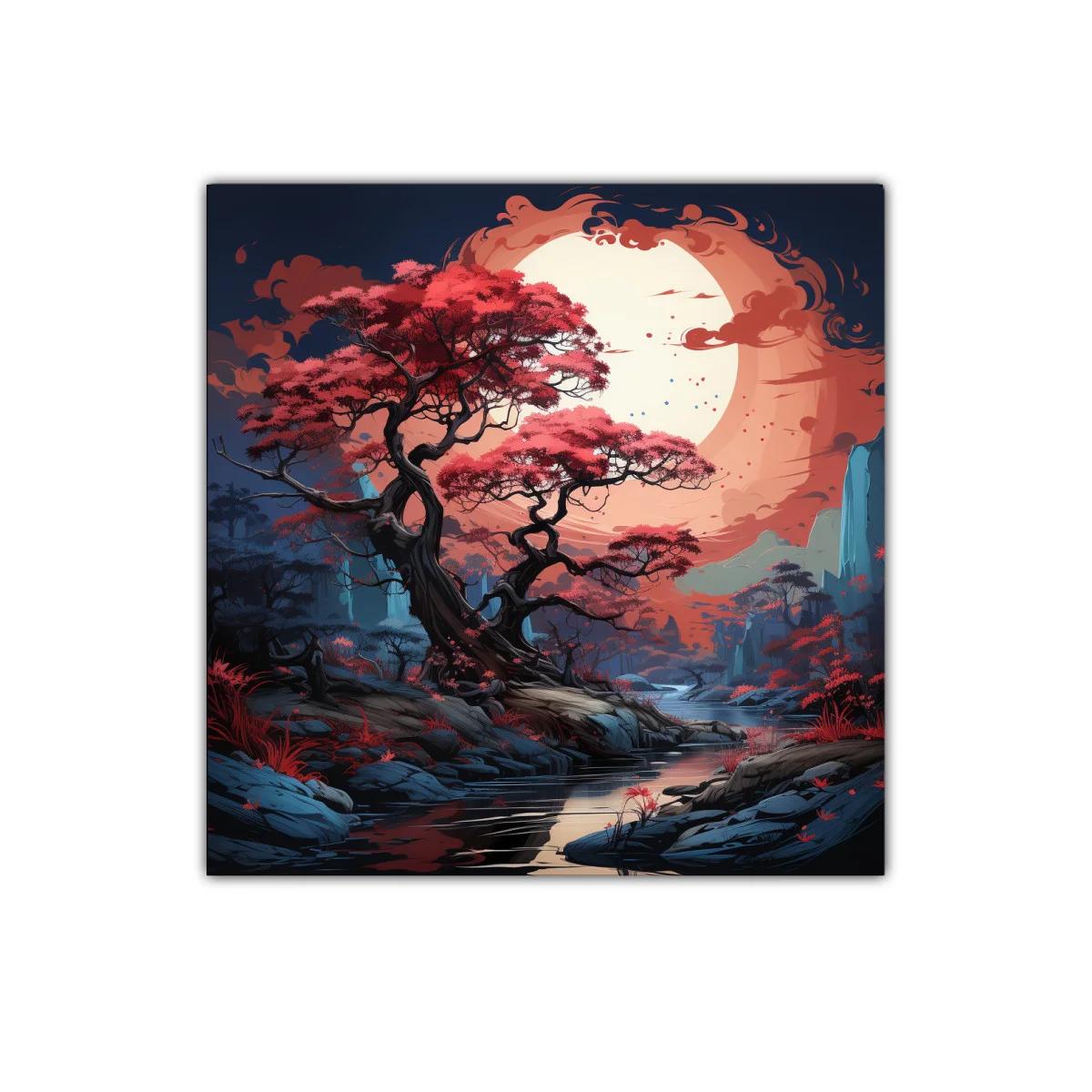 Paisaje mágico con árbol rojo bajo una luna enorme