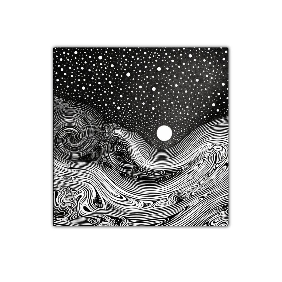 Paisaje onírico en blanco y negro con luna brillante