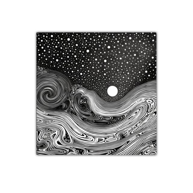 Paisaje onírico en blanco y negro con luna brillante