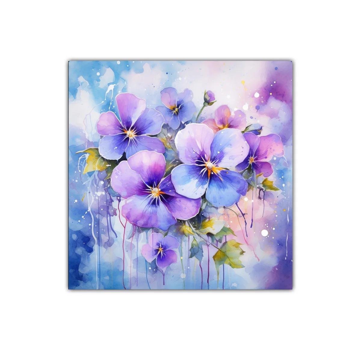 Cuadro con flores violetas y azules en tonos acuarela delicados — imagen principal