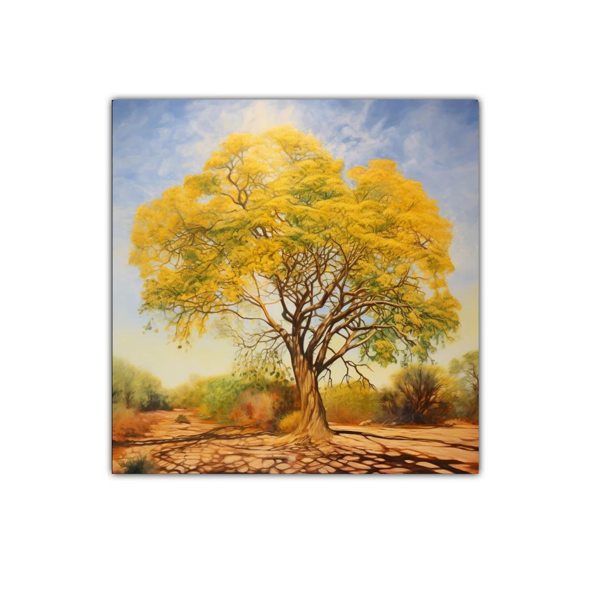 Árbol Dorado en Paisaje de Luz y Sombra Cálida