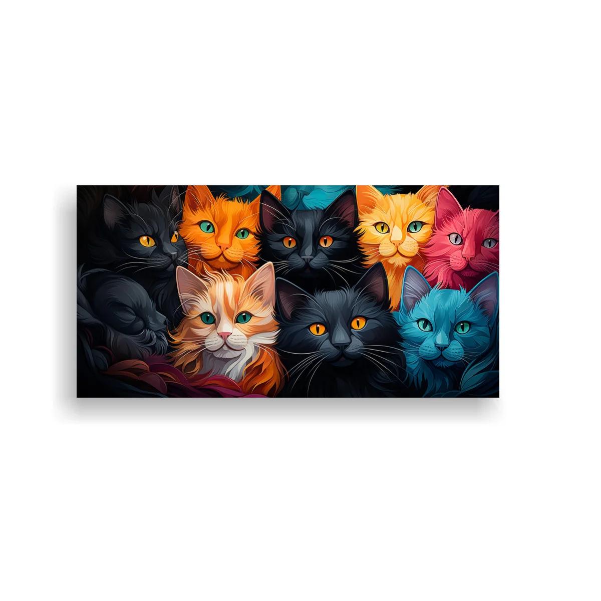 Cuadro grupo de gatos de colores con miradas intensas