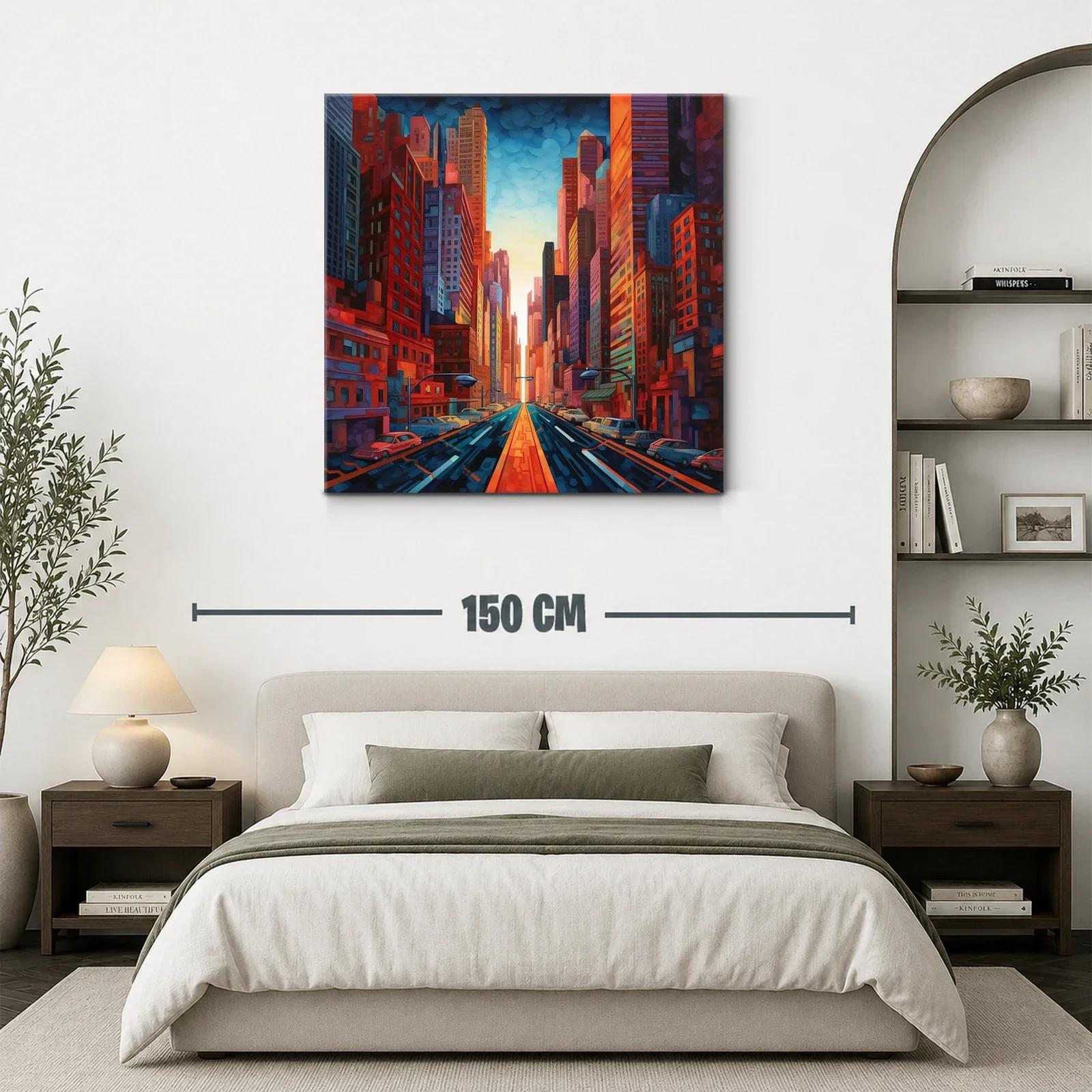 Cuadro urbano con arquitectura vibrante y luz cálida al atardecer — miniatura 3