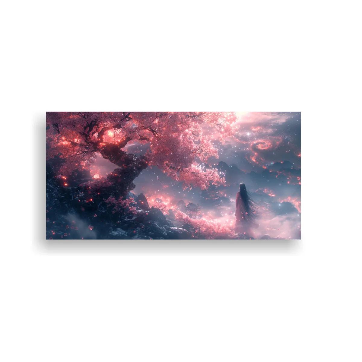 Cuadro árbol en flor rosa con figura contemplativa — imagen principal