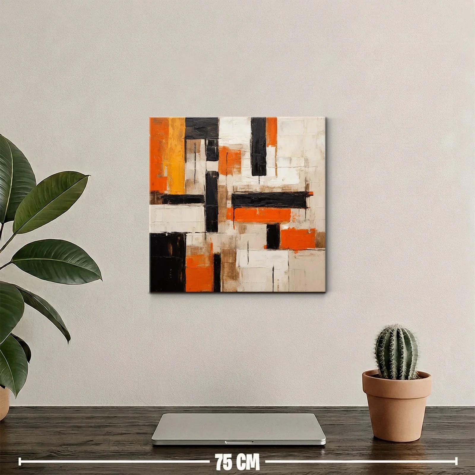 Cuadro abstracto con bloques en naranja negro y beige — miniatura 2