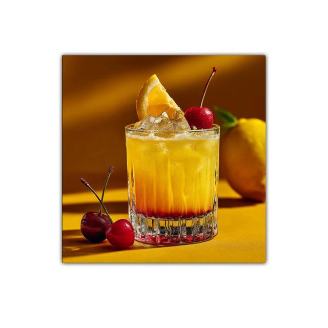Cuadro refrescante con cóctel de cítricos y cerezas vibrantes